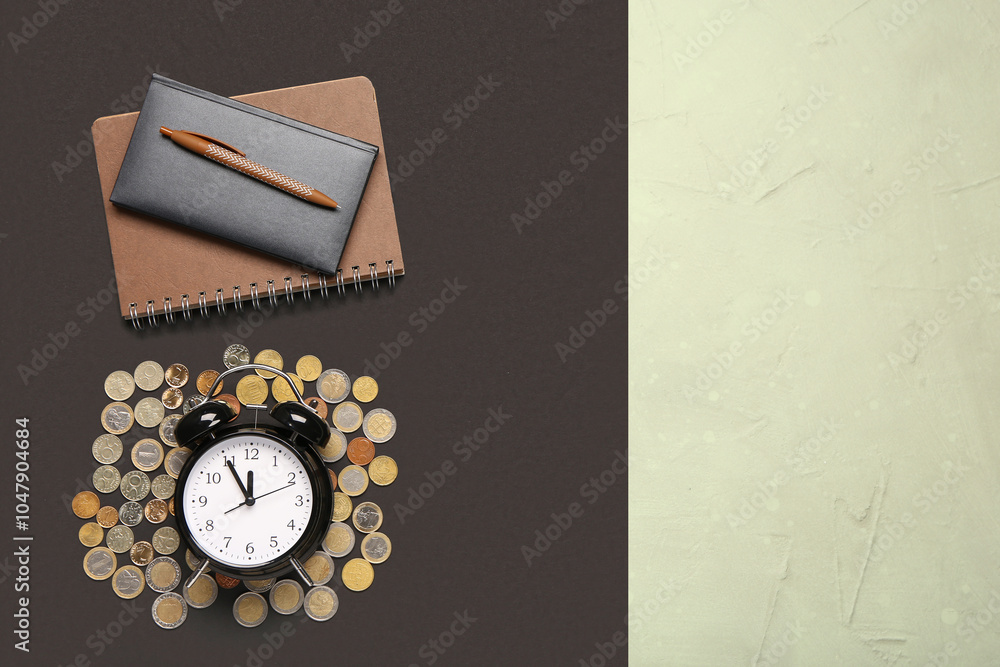 Composition with alarm clock, notebooks and coins on black background. Time management concept. Top view