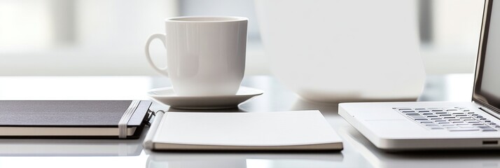 Canvas Print - White cup of coffee, laptop, and notebook on a white desk with a window in the background.