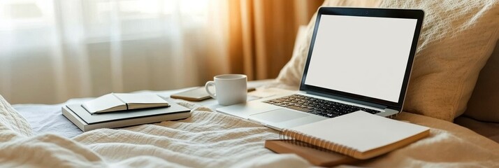 Wall Mural - Laptop, notebook, and coffee cup on a bed with a blank screen.