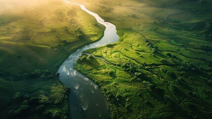 Wall Mural - aerial view of a winding river through lush green fields