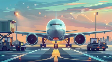 Aufkleber - A cargo airplane is positioned on a runway surrounded by loading equipment, ready for freight operations during sunset. Generative AI