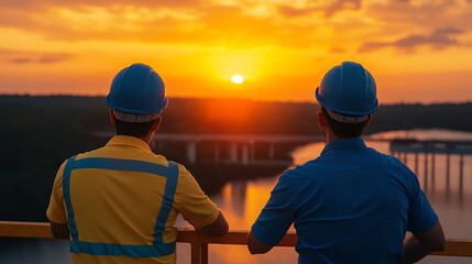 Engineers inspecting a modern bridge under construction, symbolizing infrastructure development, sunset lighting