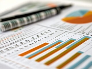 Canvas Print - A close-up of a financial report with bar graphs and a pie chart, showing data analysis and business planning.