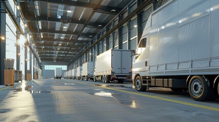 Poster - Numerous trucks and vans are parked inside a warehouse, ready for loading as the morning sun illuminates the space. Generative AI