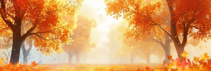 Poster - The forest glows with golden hues as trees showcase their bright fall leaves, highlighting the beauty of autumn's allure. Generative AI