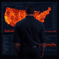 A person analyzes data visualizations of the United States in a dark setting.