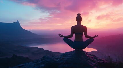 Yoga session on a mountain overlook at dawn, calm pastel skies, peaceful and healing energy, wideangle