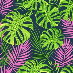 Poster - A lively arrangement of tropical leaves showcases vibrant green monstera and pink palm fronds against a rich blue backdrop, creating visual interest. Generative AI