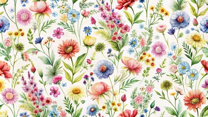 Wall Mural - A Vibrant Watercolor Tapestry of Delicate Blooms and Lush Greenery, Capturing the Essence of a Bountiful Garden