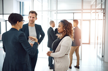 Poster - Business people, teamwork and discussion with colleagues for corporate meeting or briefing at office. Young, group or employees at modern workplace for startup ideas, collaboration or company vision