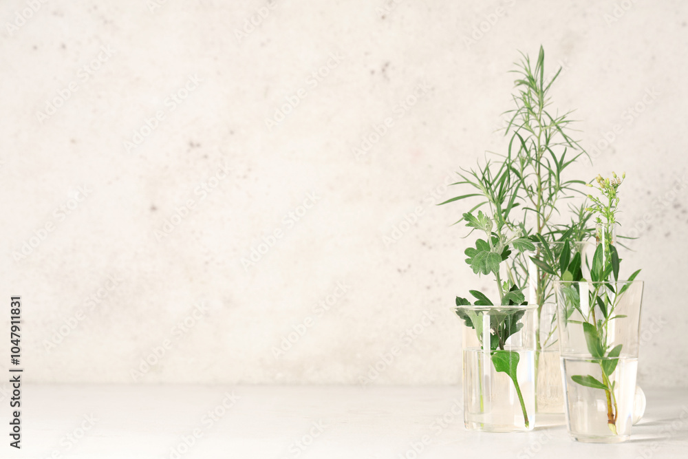 Laboratory glassware with herbs and plants on grunge beige background