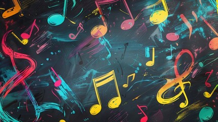 Leinwandbilder - A chalkboard displays a blend of bright brushstrokes intertwined with musical notes and symbols, creating an artistic atmosphere. Generative AI