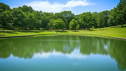 Wall Mural - A tranquil pond surrounded by lush green trees under a blue sky with white clouds.