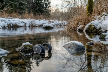 Canvas Print - A pair of headphones lay partially submerged in a frozen stream, surrounded by snow-covered rocks. The water reflects the muted colors of the winter landscape.