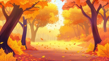 Poster - Bright orange and yellow leaves adorn the trees along a tranquil pathway through a serene autumn forest. Generative AI