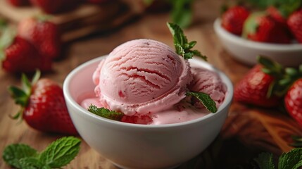 Poster - Close-up of a bowl of pink strawberry ice cream with fresh mint leaves and whole strawberries on a wooden table.