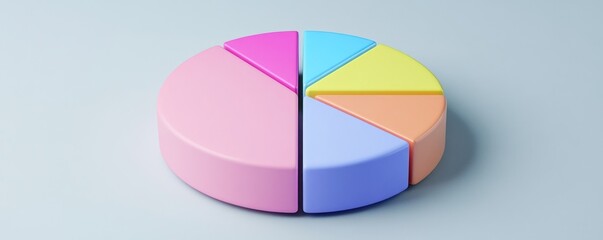 Wall Mural - Colorful 3D pie chart with six sections, pink, blue, yellow, orange, and light blue segments on a grey background.