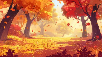 Poster - Autumn leaves cascade gently from trees in a golden forest, creating a colorful carpet on the ground as sunlight filters through. Generative AI