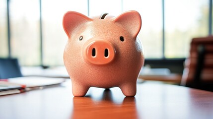 Pink piggy bank on wooden table in an office.