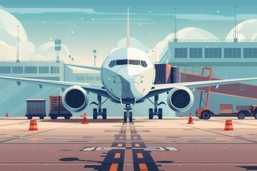 Aufkleber - A cargo airplane is parked on the runway, surrounded by equipment for loading and unloading cargo at the airport. Generative AI