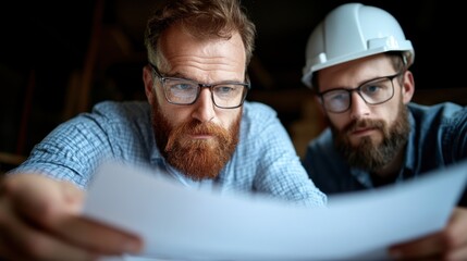 Two men closely examine architectural plans, discussing project details in a construction office