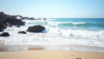  Tranquil beach scene with gentle waves lapping at the shore