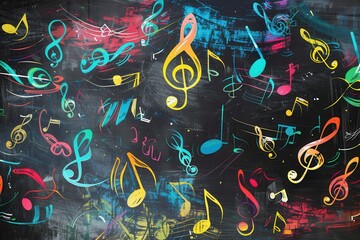 Poster - Vibrant brushstrokes and musical notes intertwine on a chalkboard, showcasing a lively artistic expression. Generative AI