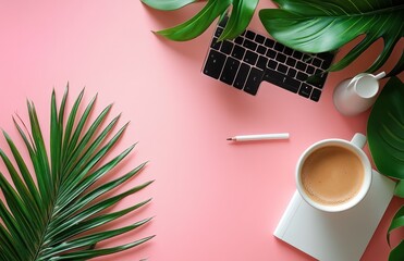 Tropical Workspace with Coffee and Keyboard