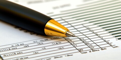 Poster - A black pen with a gold trim rests on a financial spreadsheet.