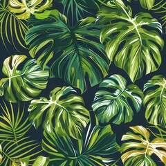 Poster - A detailed arrangement of various tropical leaves in rich shades of green set against a dark backdrop, perfect for stylish decor. Generative AI