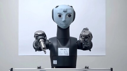 Poster - A humanoid robot with two robotic arms stands against a white background, looking at the camera with a slight smile.