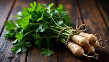 Poster -  Freshly harvested parsnips with vibrant green tops