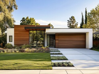 Modern ranch style minimalist cubic house with garage and landscaping design front yard. Residential architecture exterior with wooden cladding and white walls. Created with