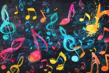 Poster - A chalkboard displays a dynamic mix of bright brushstrokes and musical notes, creating an inspiring atmosphere for learning. Generative AI