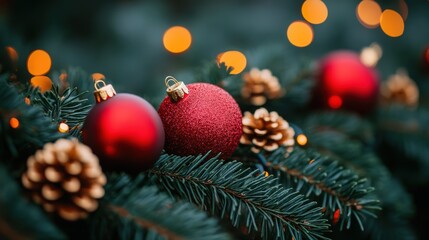 Festive Red Christmas Ornaments and Pine Cones on Evergreen Tree with Twinkling Lights - Holiday Decoration Close-Up for a Warm and Cheerful Christmas Ambiance