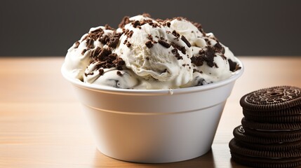 Poster - A white bowl filled with vanilla ice cream topped with chocolate cookie crumbs, with a stack of chocolate cookies on the right.