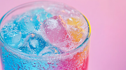 Wall Mural - Vibrant iced drink with colorful ice cubes and bubbles, creating refreshing and lively appearance. Perfect for summer enjoyment and social gatherings