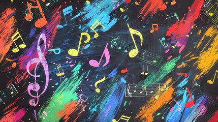 Leinwandbilder - A vibrant chalkboard showcases a blend of colorful brushstrokes and musical notes, expressing creativity during an art and music session. Generative AI