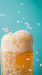 Wall Mural - Refreshing and bubbly, this showcases glass of beer with frothy top and effervescent bubbles rising against vibrant blue background. lively scene captures essence of cold beverage