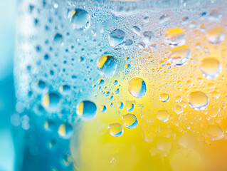 Wall Mural - Refreshing ice cold beverage with condensation droplets on surface, showcasing vibrant colors of blue and yellow. image captures essence of cool drink on warm day