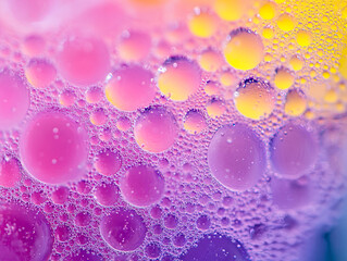 Wall Mural - Colorful bubbles create mesmerizing pattern, showcasing vibrant hues of purple and yellow. condensation adds refreshing touch, evoking sense of coolness and delight