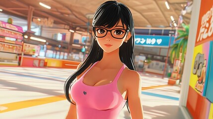 Wall Mural - Anime Girl in Pink Tank Top and Glasses Looking at the Camera.