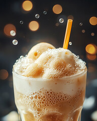 Wall Mural - creamy iced cream soda with bright bubbles and straw, creating refreshing and delightful drink exper