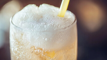 Wall Mural - refreshing glass of cream soda with foam and straw, showcasing bubbles and bright appearance. perfec