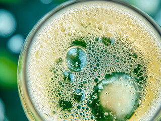 Wall Mural - Refreshing and bubbly, this close up image captures effervescence of cold beverage with ice and mint. vibrant colors and bubbles create lively atmosphere