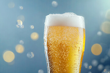 Wall Mural - refreshing glass of sparkling beer with foam and bubbles, set against soft blue background, evokes s