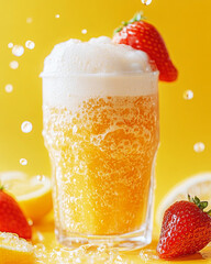 Wall Mural - Refreshing cold iced cream soda with foam, garnished with strawberries and lemon slices, set against bright yellow background