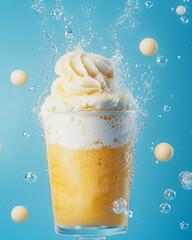 Wall Mural - refreshing iced cream soda with foam and bubbles, set against bright blue background. vibrant colors