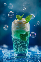 Wall Mural - Refreshing cream soda topped with whipped foam and mint leaves, surrounded by bubbles and ice. This vibrant drink is perfect for summer day or festive occasion