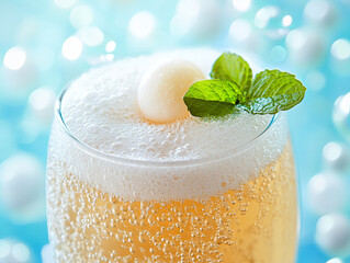 Wall Mural - refreshing cream soda with foam and mint leaves, served in glass, creates delightful and inviting dr